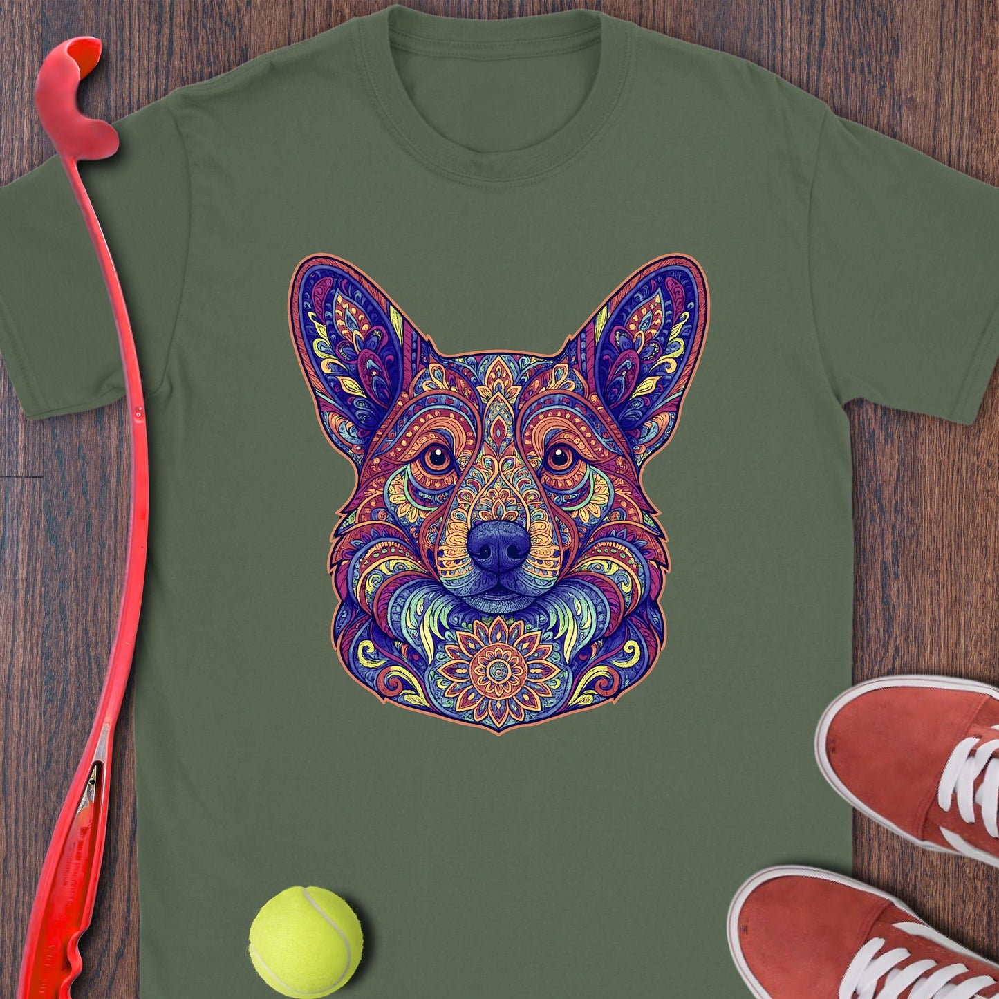 Colorful Intricate Dog Design on Green T-shirt product type