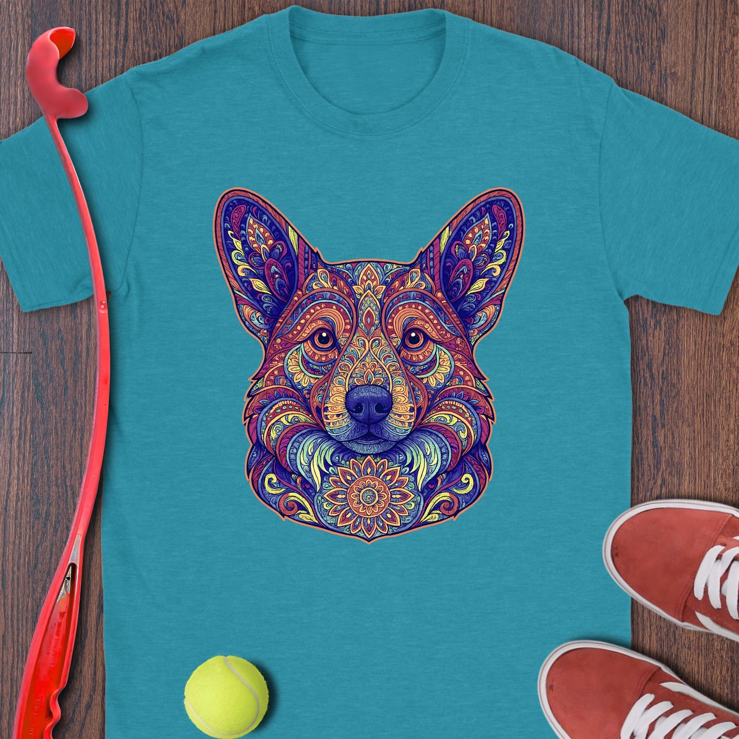 Colorful Corgi Design on Blue Tee Shirt product type